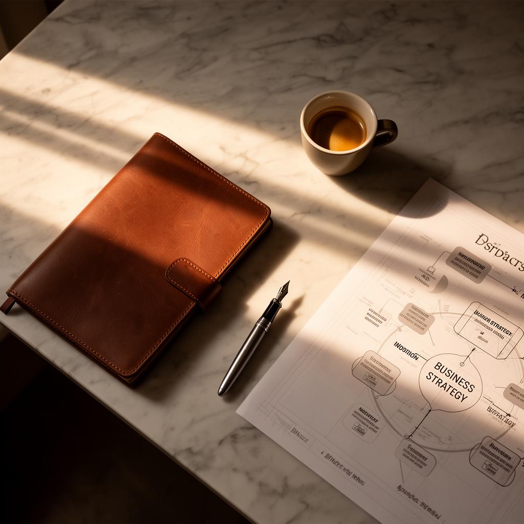Strategy notebook, pen, espresso and business strategy diagram on a marble desk